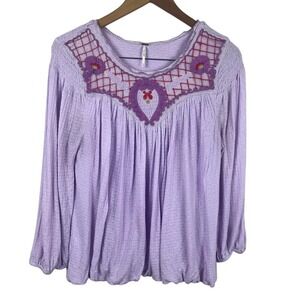 Free‎ People Lavender Embroidered Smocked Peasant Blouse Boho Medium (M537)